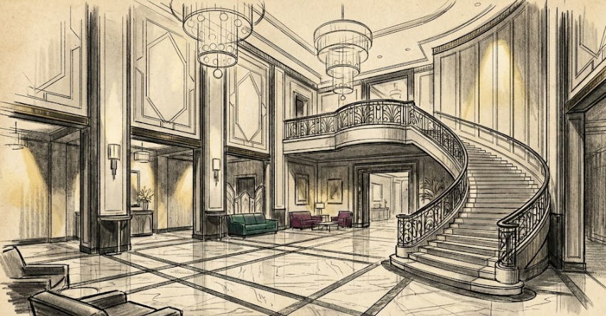 Hand-sketched Art Deco style grand lobby interior with curved staircase, ornate panels, and warm lighting created via PromeAI architecture render styles prompts and sketch rendering.