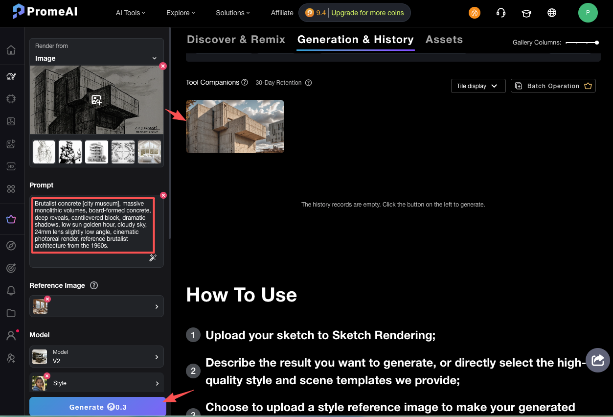 PromeAI sketch rendering interface showing brutalist concrete city museum prompt with monolithic volumes, board-formed texture, and 1960s reference for dramatic architecture render styles prompts.
