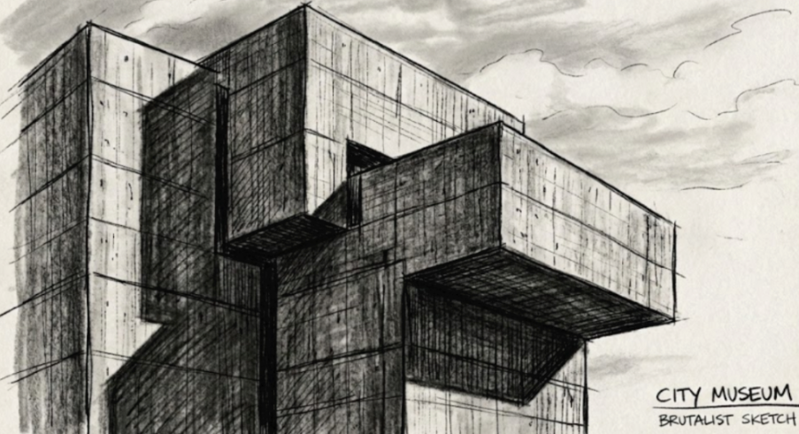 Hand-drawn brutalist sketch of CITY MUSEUM with massive concrete volumes, cantilevered blocks, and dynamic composition ideal for PromeAI architecture render styles prompts.