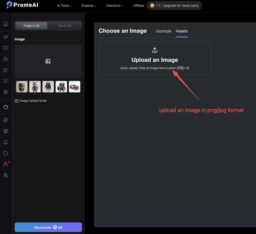 Step-by-step guide to upload PNG or JPG files using PromeAI 3D model generator capabilities for 3D asset creation.