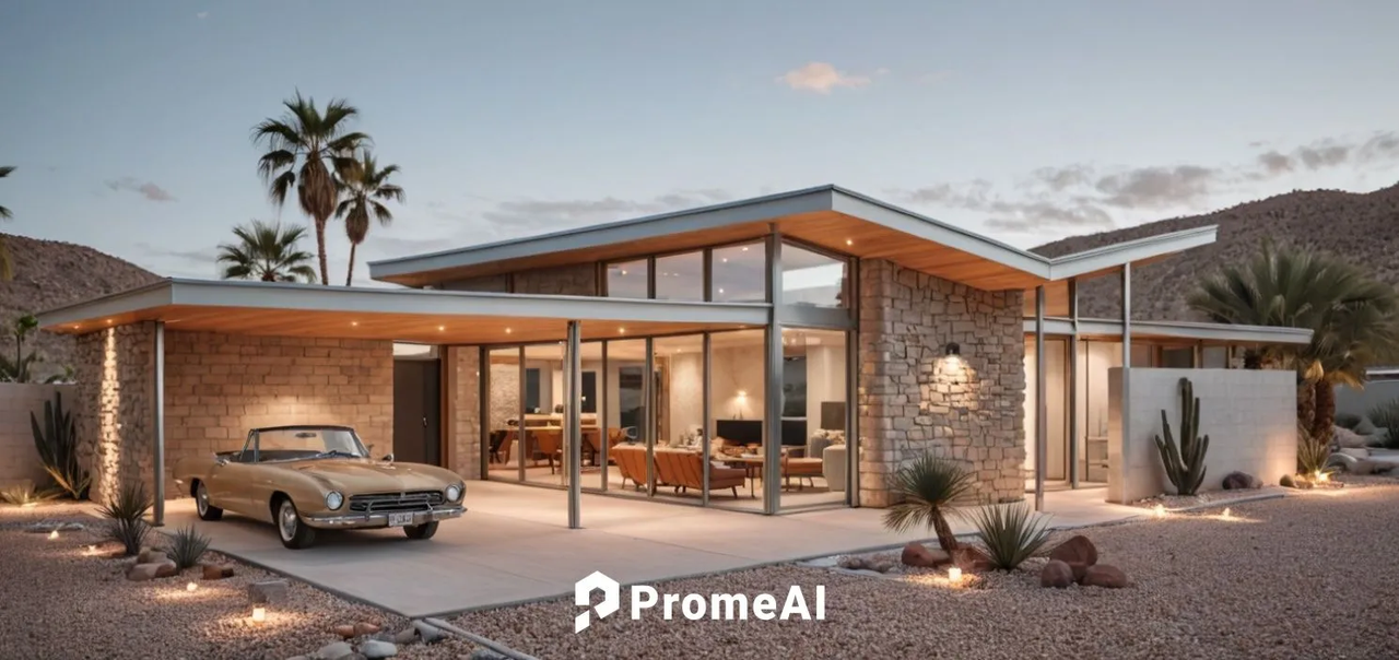 Photorealistic mid-century modern home with flat roof, stone facade, large glass windows, vintage car, and desert sunset lighting using PromeAI architecture render styles prompts.
