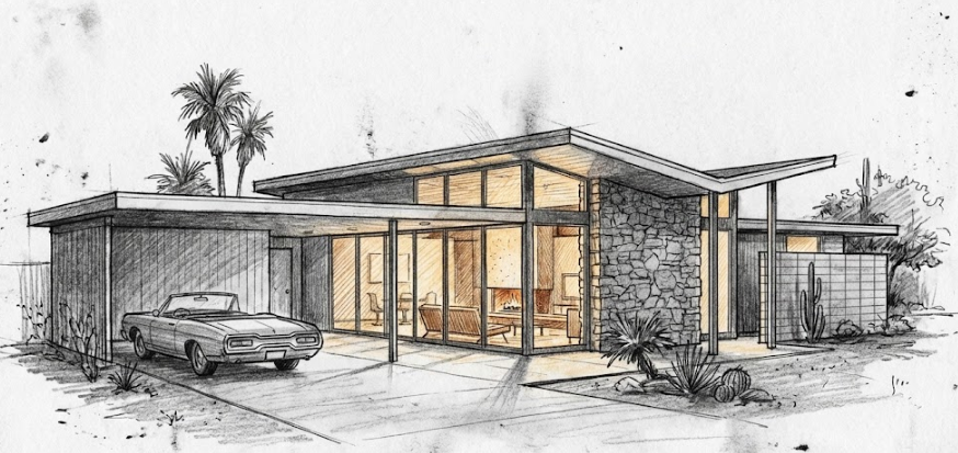 Pencil sketch of mid-century modern house with flat roof, stone walls, large windows, carport, and desert landscaping ready for PromeAI architecture render styles prompts conversion.