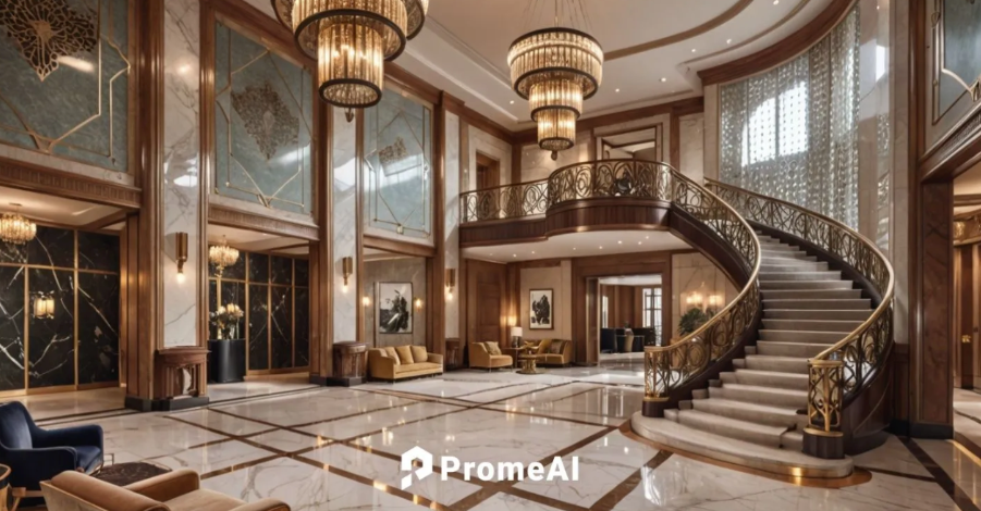 Luxurious grand hotel lobby with marble floors, ornate chandeliers, curved grand staircase, and golden details generated using PromeAI architecture render styles prompts.
