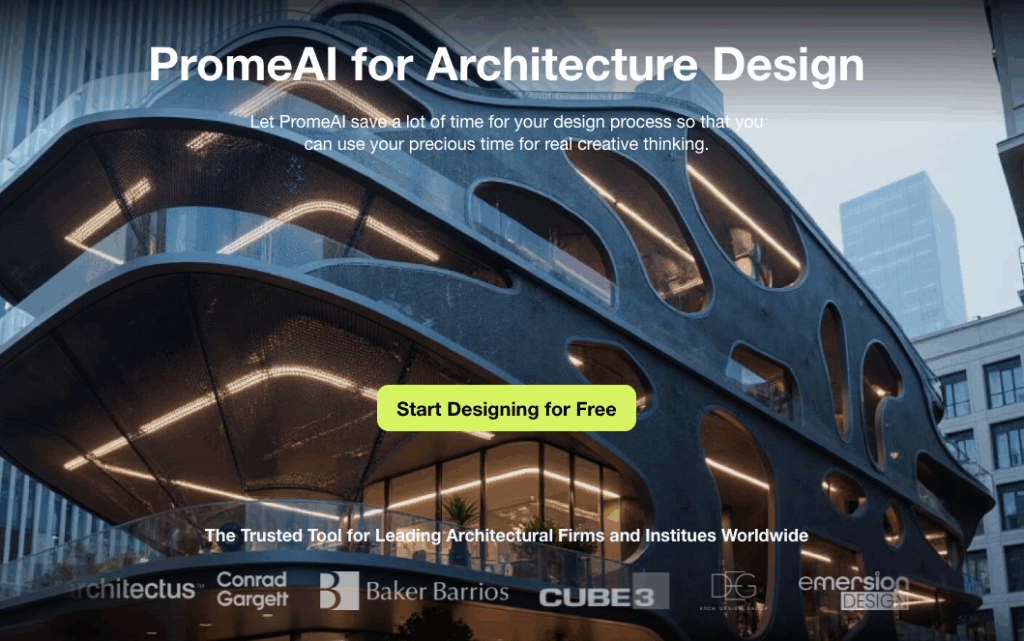 PromeAI promotional image showcasing futuristic curved building facade and text highlighting time-saving architecture render styles prompts for leading architectural firms worldwide.