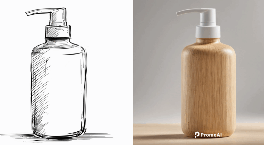 Before and after using PromeAI to fix AI render problems – sketch of soap dispenser becomes detailed realistic wooden bottle without overcooked look
