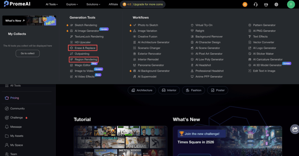 PromeAI dashboard showing Erase & Replace and Region Rendering tools for AI inpainting to edit images seamlessly with promeai erase replace inpainting feature.