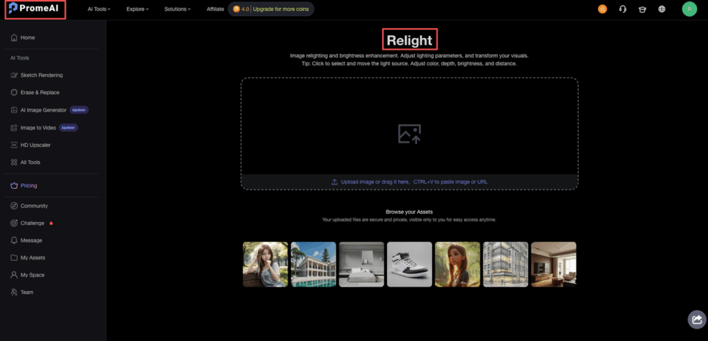 PromeAI Relight dashboard for image relighting and brightness enhancement using studio-grade photo lighting parameters