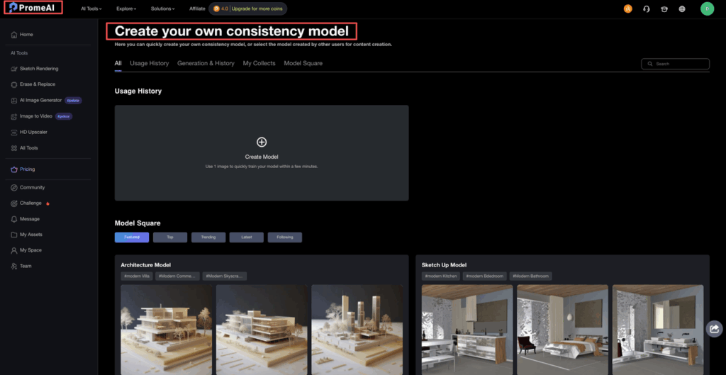 PromeAI consistent character identity training interface to create your own model using single image upload for architecture, interiors, and character consistency