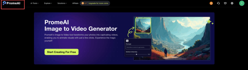 Using PromeAI motion brush control tutorial: image-to-video generator with custom prompt, motion intensity slider at 50% for landscape animation.