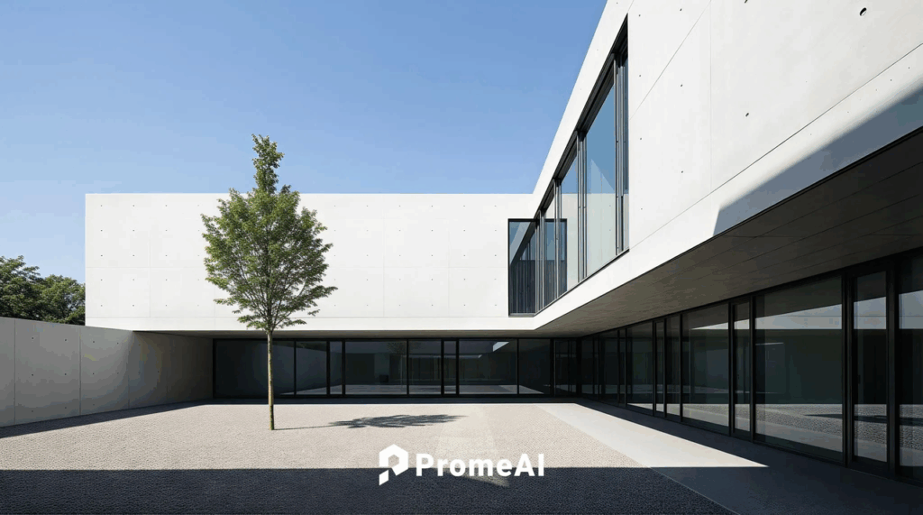 Clean minimalist concrete architecture courtyard in full daylight from PromeAI architectural lighting prompts cheatsheet, blue sky and single tree