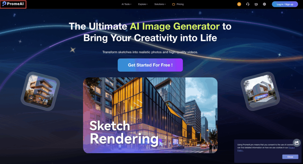 PromeAI homepage showing how to fix AI render problems with sketch rendering tool turning drawings into sharp realistic images