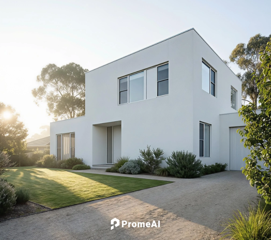 Bright daytime exterior of modern minimalist house using PromeAI architectural lighting prompts cheatsheet, natural sunlight and clean white facade
