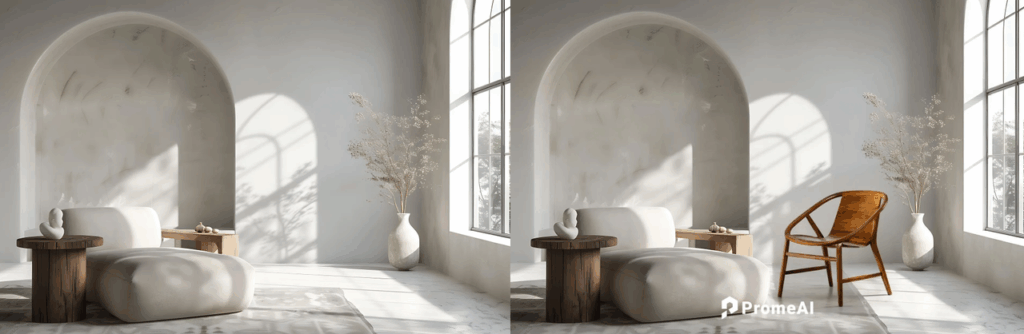 PromeAI region rendering selective edit result: replacing seating in elegant arched interior space with precise AI rendering