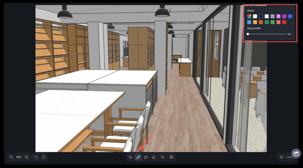 Detailed PromeAI motion brush control tutorial example in 3D workspace highlighting stroke tools, width adjustment, and chair selection for animation prep.