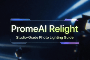 PromeAI Relight interface showcasing studio-grade photo lighting adjustment tool with dramatic light effects and controls