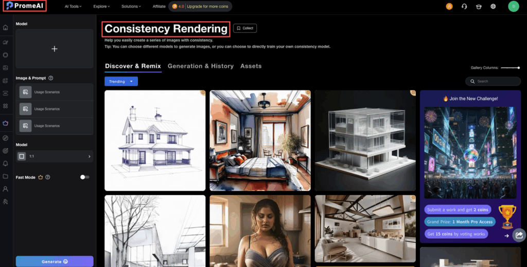 PromeAI consistent character identity tool in Consistency Rendering mode showing trending gallery of coherent architectural and interior AI generations