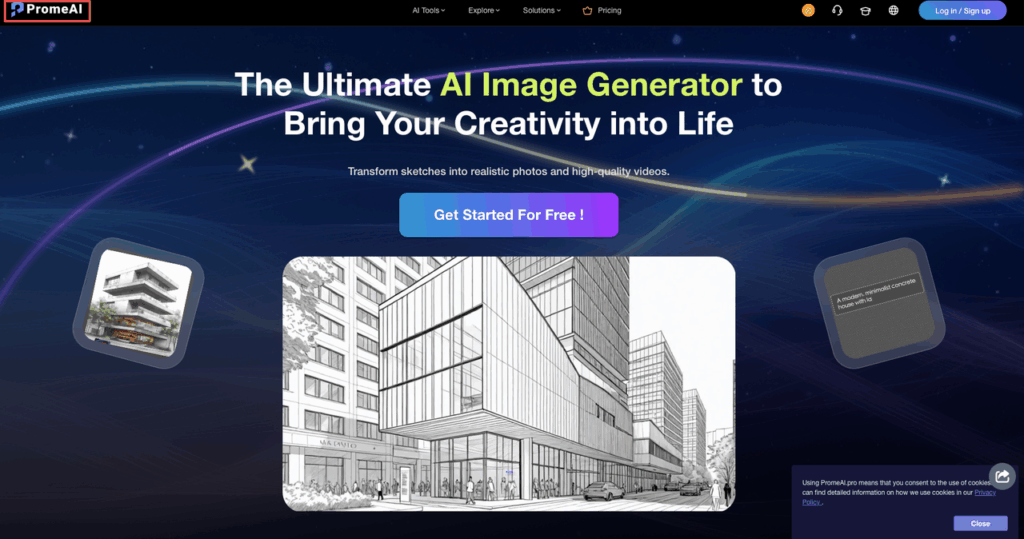 PromeAI homepage in motion brush control tutorial demonstrating sketch-to-realistic building transformation and video generation features.