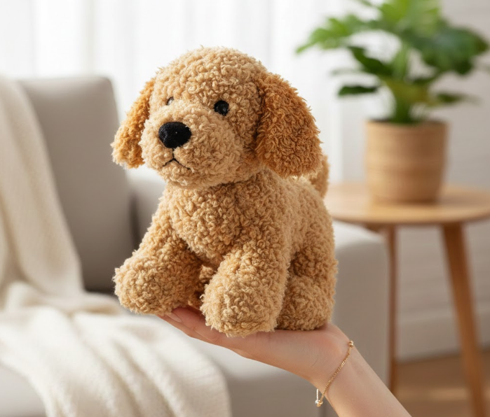 Adorable curly brown plush puppy held in hand before promeai background removal for ecommerce comparison and product photography