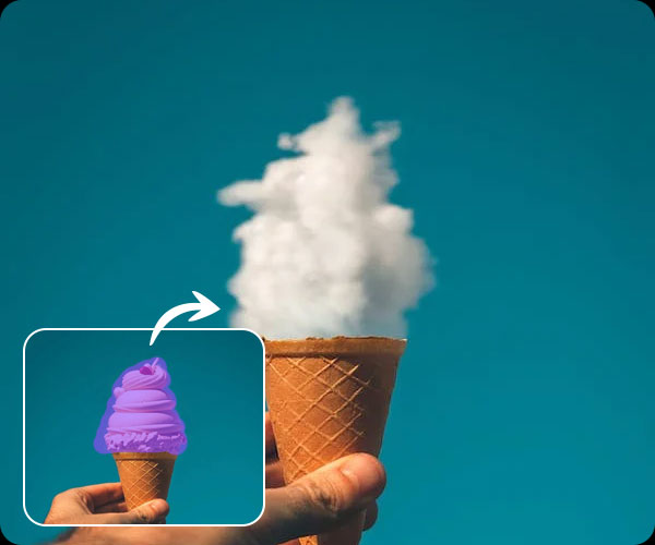 Before-and-after demo of promeai erase replace inpainting: replacing purple ice cream swirl with fluffy white cloud on blue background using AI.