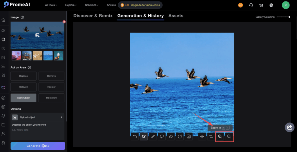 PromeAI editor with zoom in/out tools for precise promeai erase replace inpainting on pelicans flying over ocean, insert object and describe features.