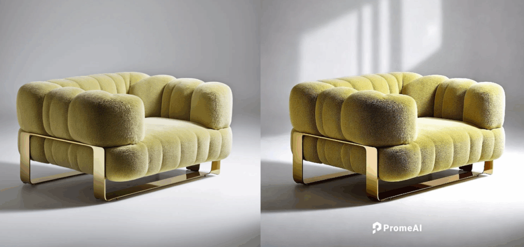Before and after PromeAI Relight on lime green boucle sofa with pro studio-grade photo lighting adjustments for depth