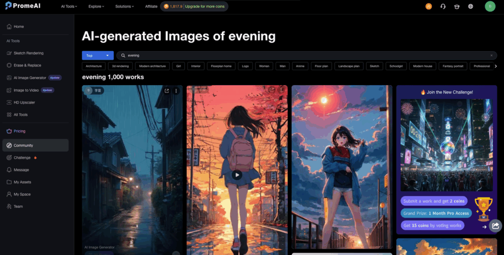 PromeAI platform interface showing AI-generated evening architectural images, perfect reference for architectural lighting prompts cheatsheet usage