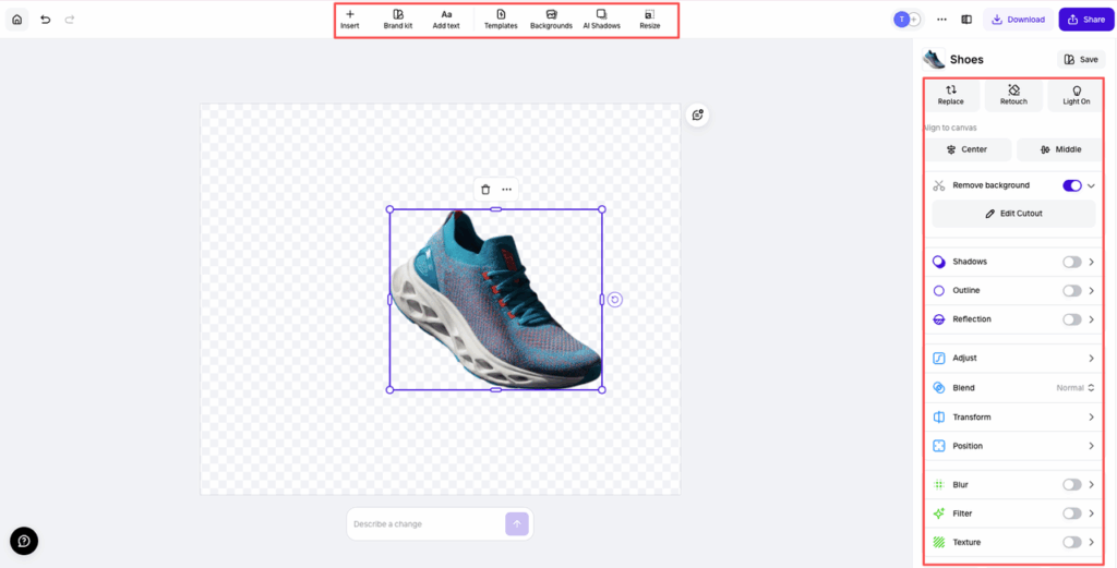 Canva editor showing sneaker cutout with remove background toggle in promeai background removal ecommerce comparison vs dedicated tools