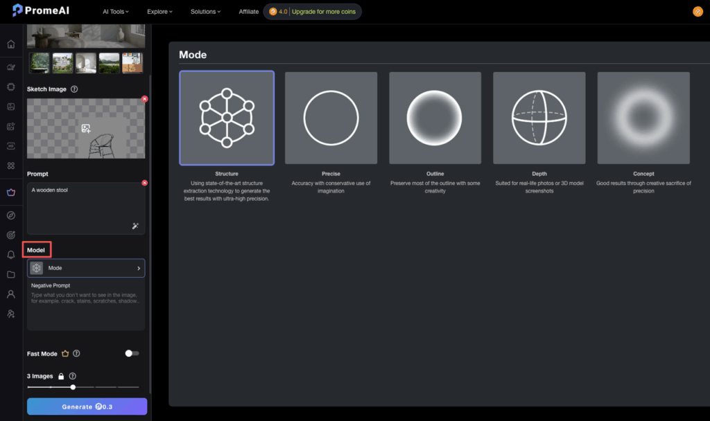 PromeAI region rendering modes selection – Precise, Structure, Outline options for high-accuracy selective image edit control