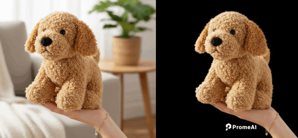Before and after promeai background removal on fluffy puppy plush for ecommerce – clean transparent cutout vs original cluttered scene