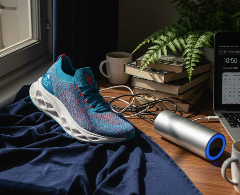 Modern blue running shoe on cozy desk setup before background removal in promeai vs dedicated tools ecommerce comparison