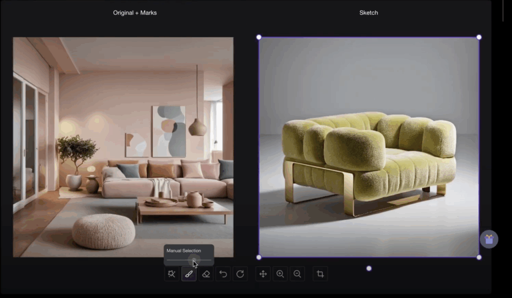 PromeAI erase replace inpainting for interior design – marking green couch area in living room for replacement, original + marks vs sketch preview.