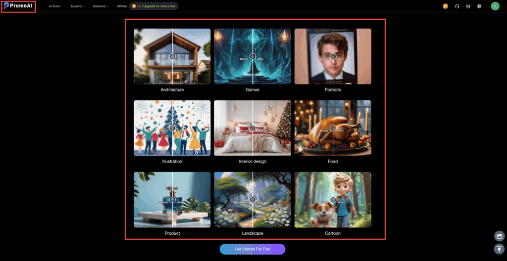 PromeAI upscaler when to use guide: see before/after results across architecture, games, portraits, food, landscapes, and product images