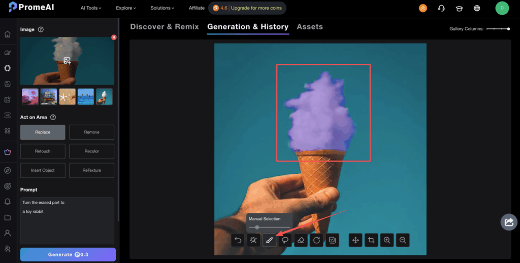 PromeAI Erase & Replace inpainting interface: manual selection on ice cream cone, prompt to generate toy rabbit with promeai erase replace inpainting.