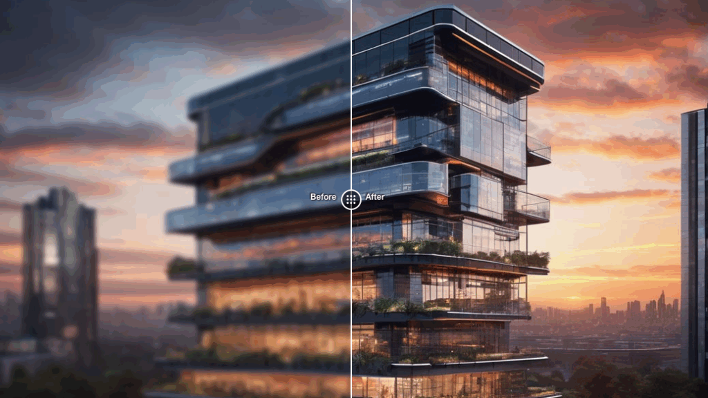 PromeAI upscaler when to use guide: apply to architectural renders like this modern building to boost resolution, sharpness, and realism