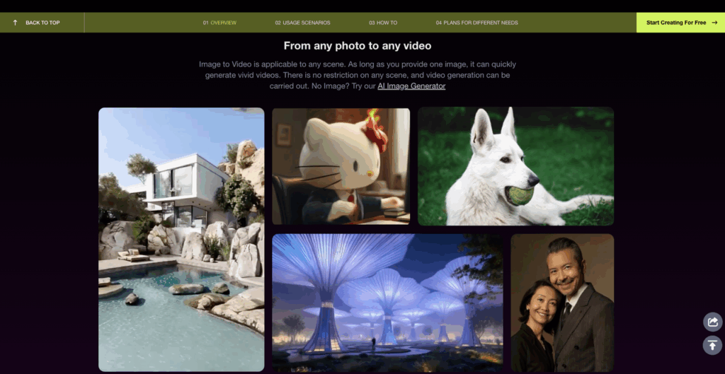 PromeAI motion brush control tutorial examples turning static photos into videos: luxury pool, Hello Kitty, dog playing, futuristic trees, and portrait animation.