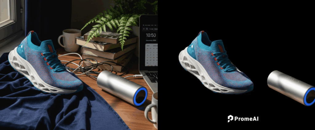 ProMeAI background removal before and after on futuristic blue sneaker – perfect transparent cutout for ecommerce product images