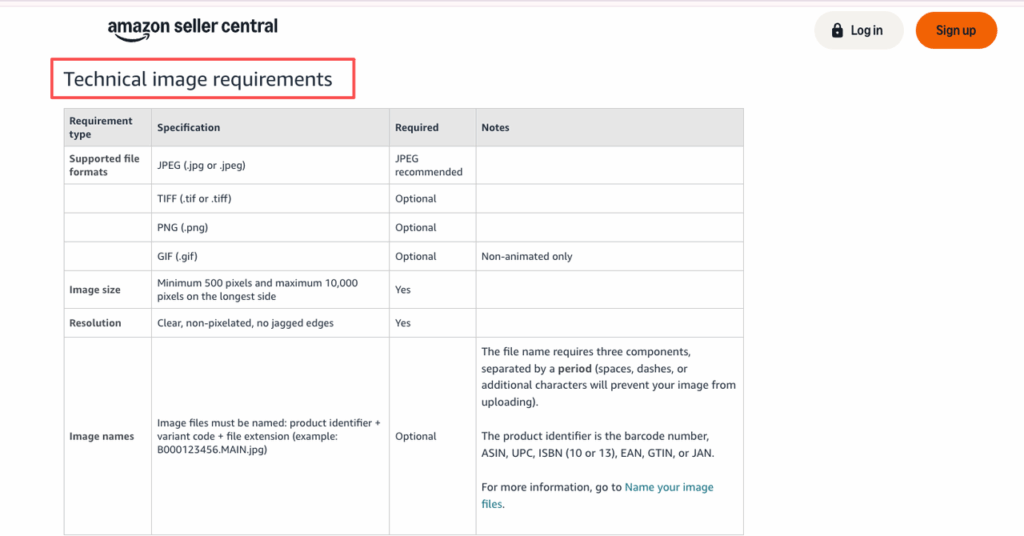 Amazon Seller Central technical requirements chart, listing standards for valid ecommerce product photo studio shots. 