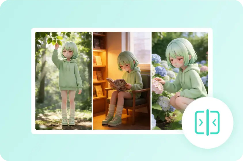 Anime girl character consistency shown across three distinct scenes using smooth Seedance 2.0 camera movement techniques.