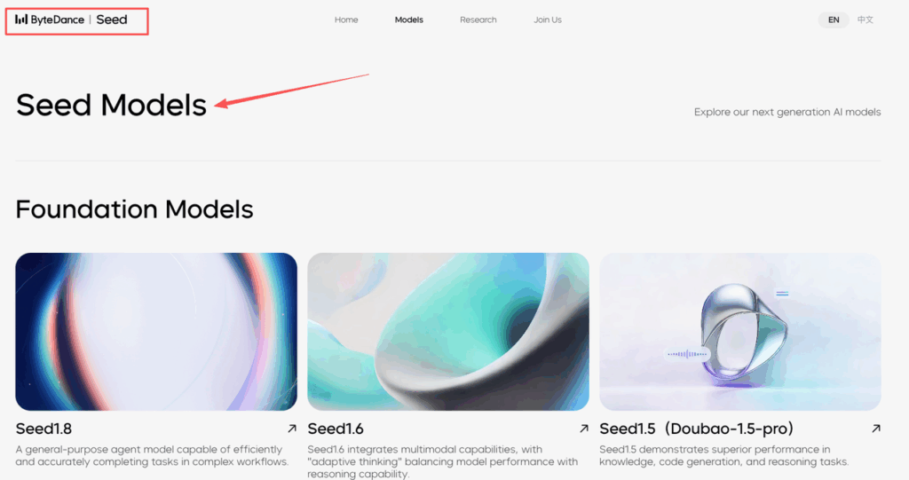 The official ByteDance website displaying the Seed foundation models that power seedance 2.0 prompt constraints.