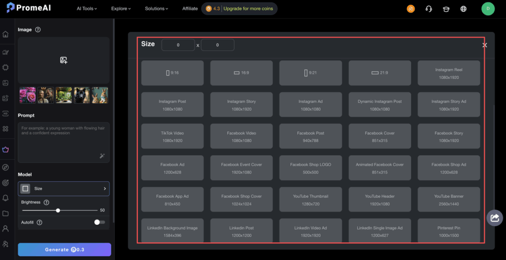 Interface showing size presets for Instagram and Facebook used in PromeAI outpainting ad banner templates generation.