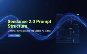 A futuristic banner displaying the Seedance 2.0 prompt structure guide for creating director-style stable AI videos.