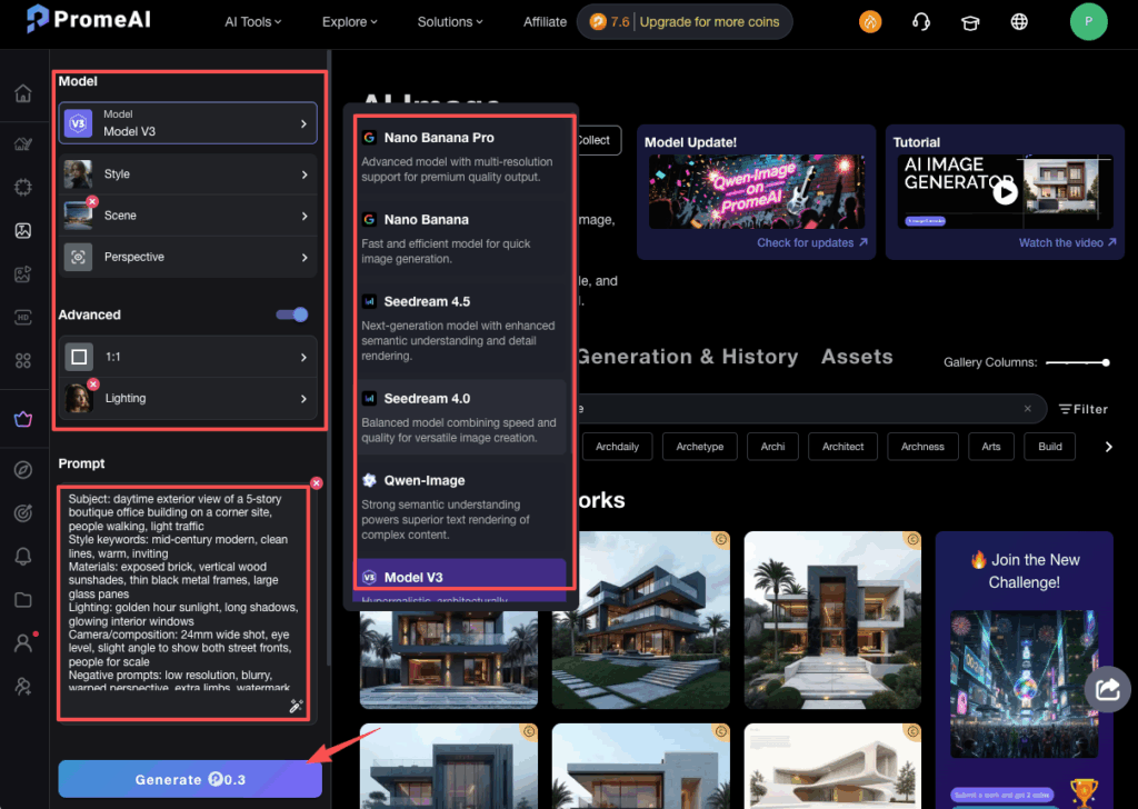 Interface showing model selection and text input area, illustrating the promeai prompt framework designers apply for output.