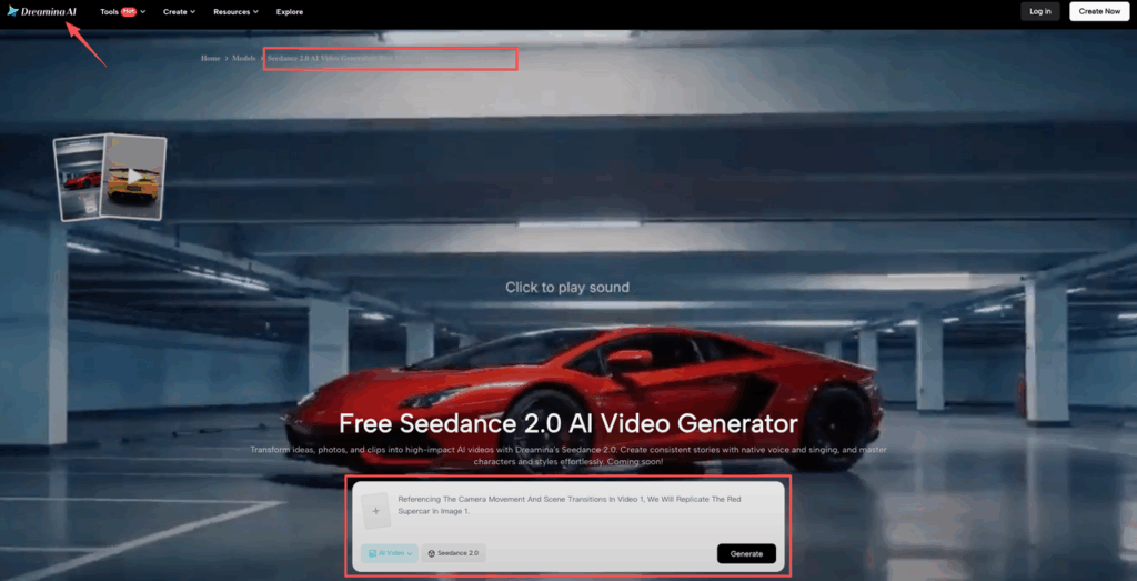 The Dreamina AI dashboard generating a red car video using specific seedance 2.0 prompt constraints for camera motion.