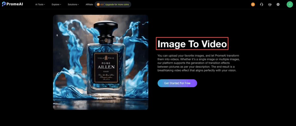 A blue perfume bottle featuring liquid effects created by the PromeAI image to video smooth motion transition tool.