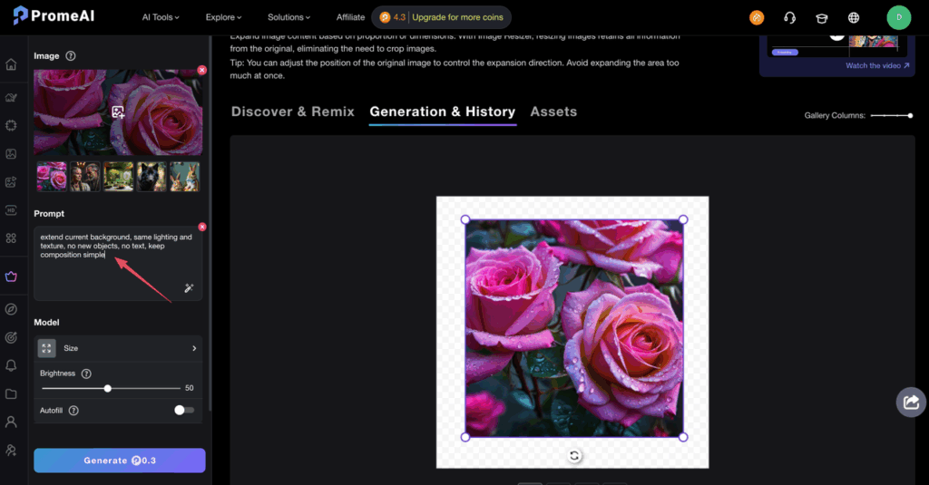 Typing a text prompt to extend a floral background while making PromeAI outpainting ad banner templates with natural light.