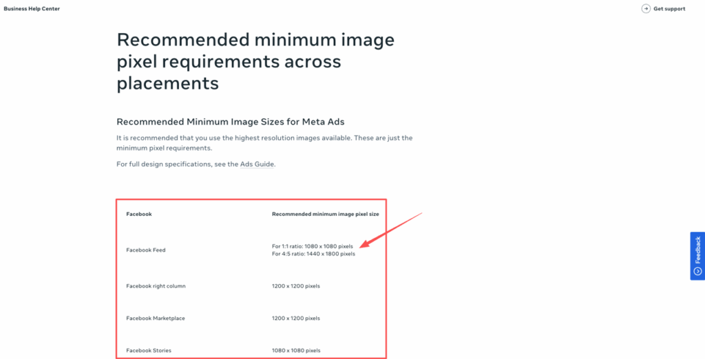 Facebook help center chart referencing dimensions to guide sizing for PromeAI outpainting ad banner templates creation.