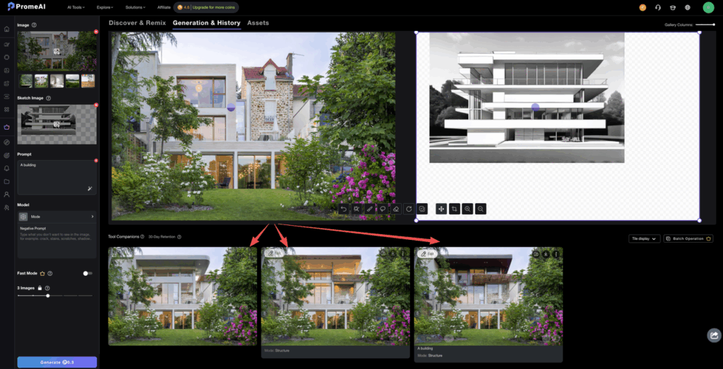 A building sketch rendered into multiple realistic variations, showcasing the PromeAI tools guide decision tree workflow.