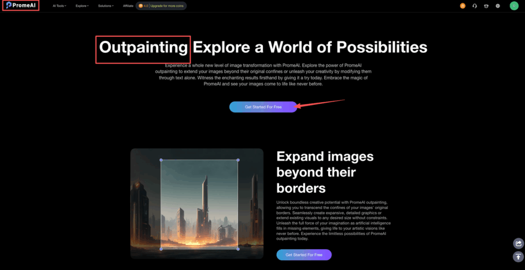 Screenshot of the landing page to access PromeAI outpainting ad banner templates and the get started button for new users.
