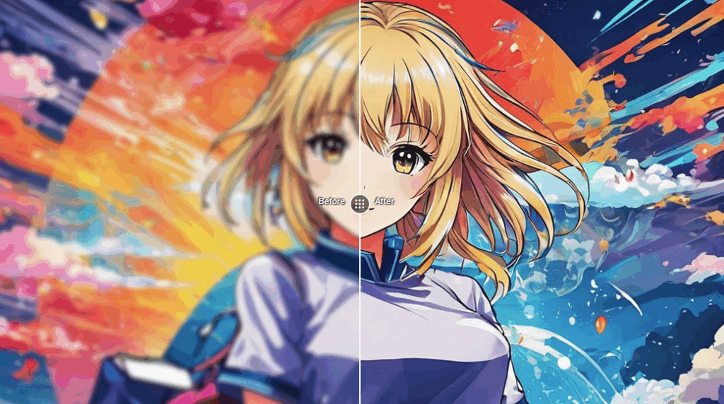 An anime character comparison showing upscaling results, a quality enhancement step in the PromeAI tools guide decision tree.