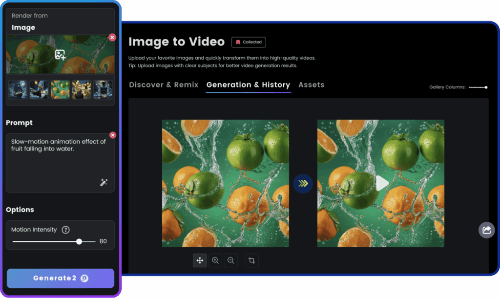 The Image to Video interface animating static fruit, representing the motion category in the PromeAI tools guide decision tree.